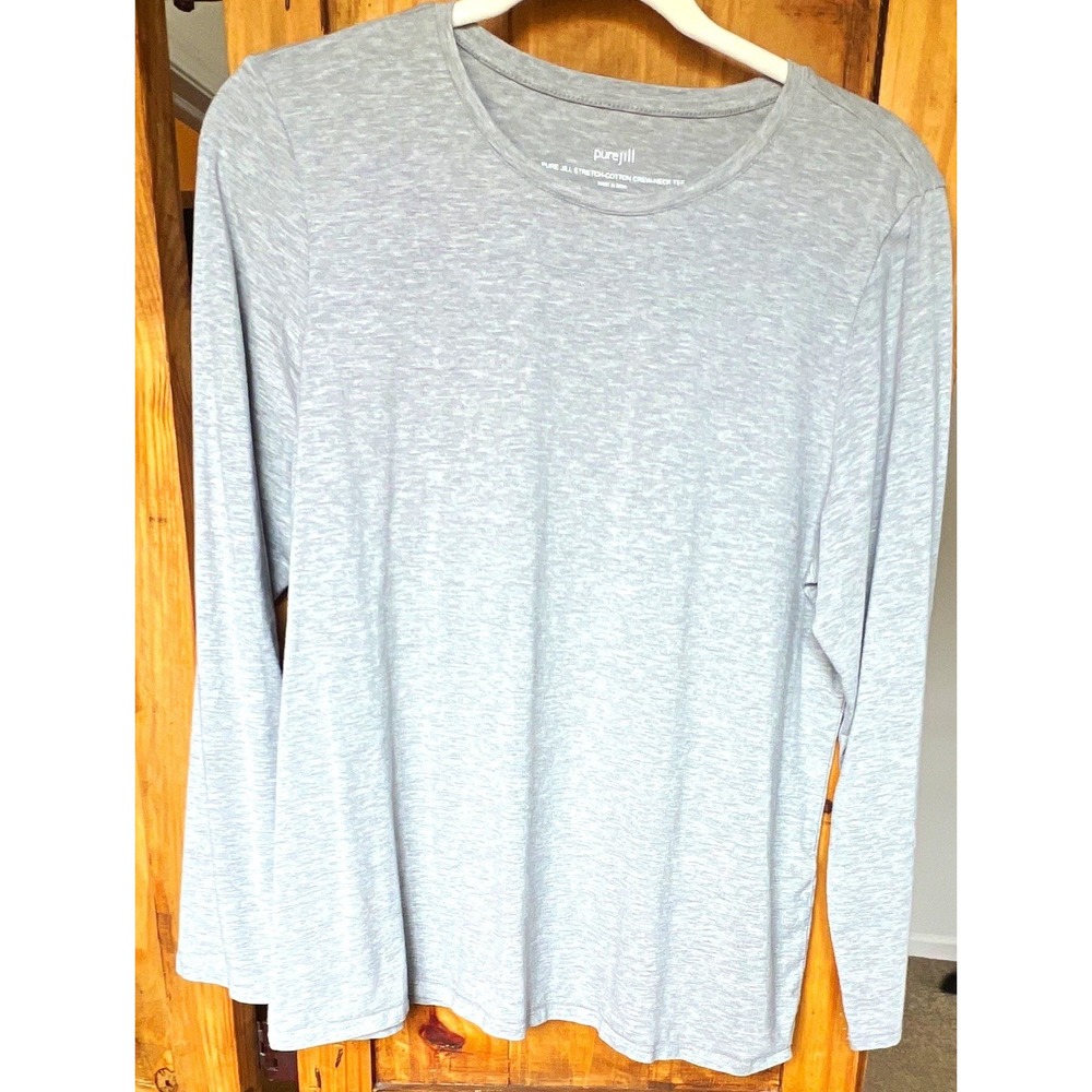 Pure Jill Women's PL Petite Basic Crew Neck Long Sleeve Stretch Tee Gray